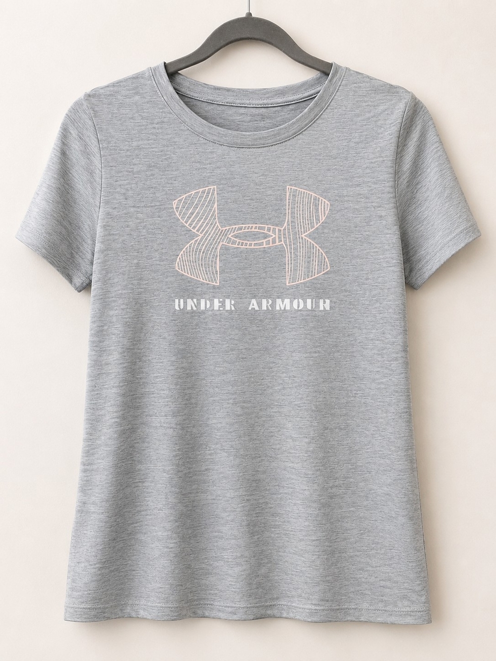Under Armour Women’s Light Gray Tee with Pale Pink Logo